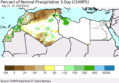 North Africa Percent of Normal Precipitation 5-Day (CHIRPS) Thematic Map For 8/21/2023 - 8/25/2023