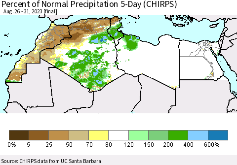 North Africa Percent of Normal Precipitation 5-Day (CHIRPS) Thematic Map For 8/26/2023 - 8/31/2023