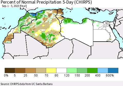 North Africa Percent of Normal Precipitation 5-Day (CHIRPS) Thematic Map For 9/1/2023 - 9/5/2023