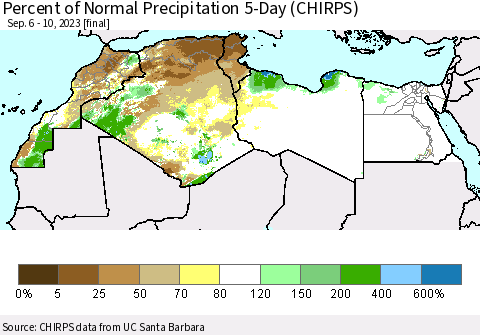 North Africa Percent of Normal Precipitation 5-Day (CHIRPS) Thematic Map For 9/6/2023 - 9/10/2023