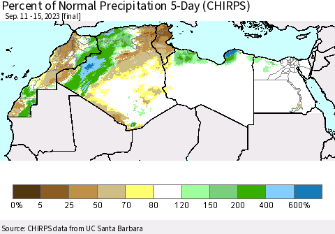 North Africa Percent of Normal Precipitation 5-Day (CHIRPS) Thematic Map For 9/11/2023 - 9/15/2023