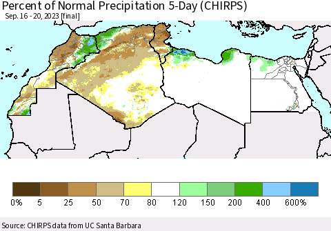 North Africa Percent of Normal Precipitation 5-Day (CHIRPS) Thematic Map For 9/16/2023 - 9/20/2023