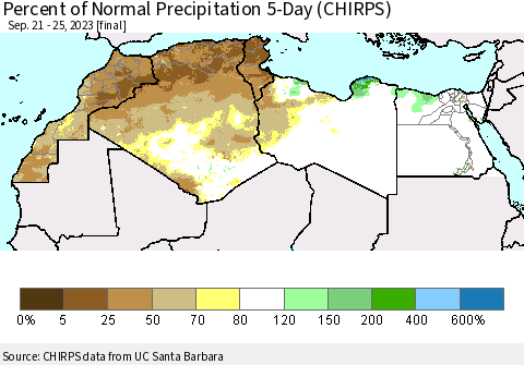 North Africa Percent of Normal Precipitation 5-Day (CHIRPS) Thematic Map For 9/21/2023 - 9/25/2023