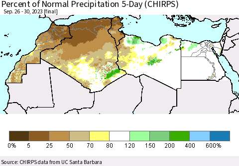 North Africa Percent of Normal Precipitation 5-Day (CHIRPS) Thematic Map For 9/26/2023 - 9/30/2023