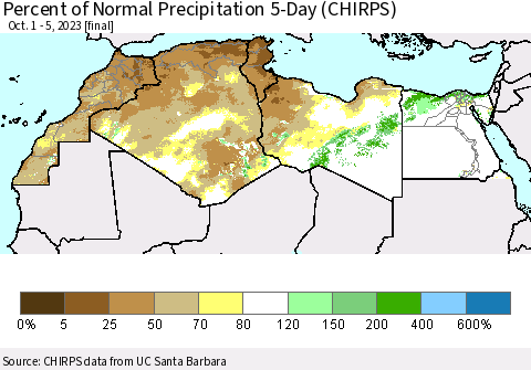 North Africa Percent of Normal Precipitation 5-Day (CHIRPS) Thematic Map For 10/1/2023 - 10/5/2023