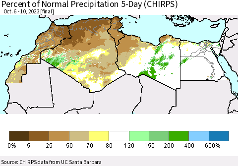 North Africa Percent of Normal Precipitation 5-Day (CHIRPS) Thematic Map For 10/6/2023 - 10/10/2023