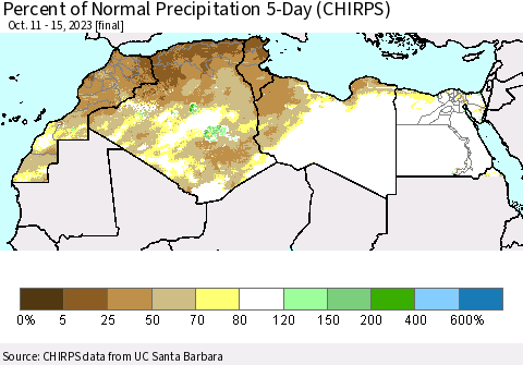 North Africa Percent of Normal Precipitation 5-Day (CHIRPS) Thematic Map For 10/11/2023 - 10/15/2023