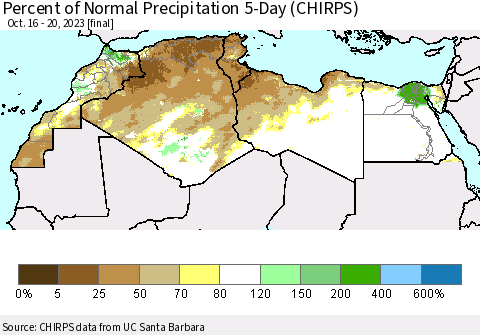 North Africa Percent of Normal Precipitation 5-Day (CHIRPS) Thematic Map For 10/16/2023 - 10/20/2023