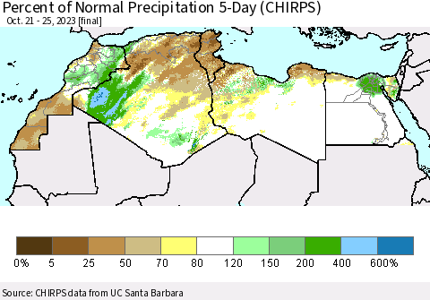 North Africa Percent of Normal Precipitation 5-Day (CHIRPS) Thematic Map For 10/21/2023 - 10/25/2023