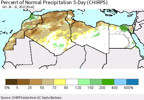 North Africa Percent of Normal Precipitation 5-Day (CHIRPS) Thematic Map For 10/26/2023 - 10/31/2023