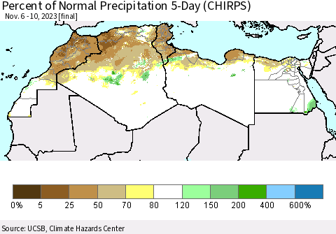 North Africa Percent of Normal Precipitation 5-Day (CHIRPS) Thematic Map For 11/6/2023 - 11/10/2023