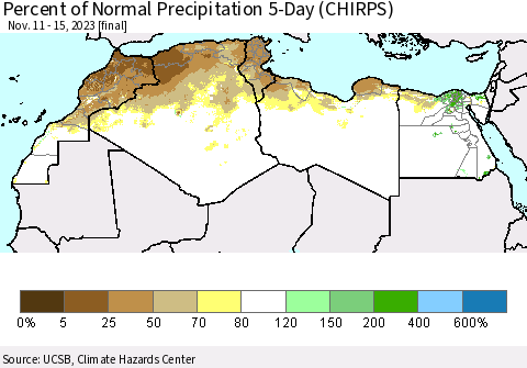 North Africa Percent of Normal Precipitation 5-Day (CHIRPS) Thematic Map For 11/11/2023 - 11/15/2023