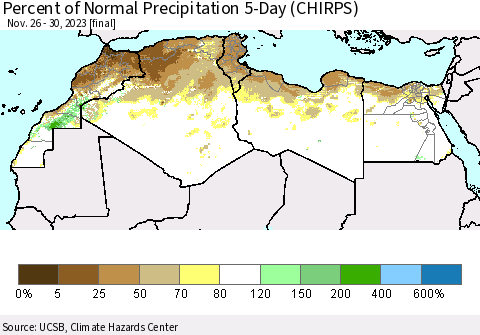 North Africa Percent of Normal Precipitation 5-Day (CHIRPS) Thematic Map For 11/26/2023 - 11/30/2023