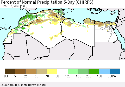 North Africa Percent of Normal Precipitation 5-Day (CHIRPS) Thematic Map For 12/1/2023 - 12/5/2023