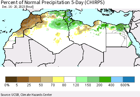 North Africa Percent of Normal Precipitation 5-Day (CHIRPS) Thematic Map For 12/16/2023 - 12/20/2023