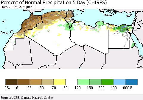 North Africa Percent of Normal Precipitation 5-Day (CHIRPS) Thematic Map For 12/21/2023 - 12/25/2023