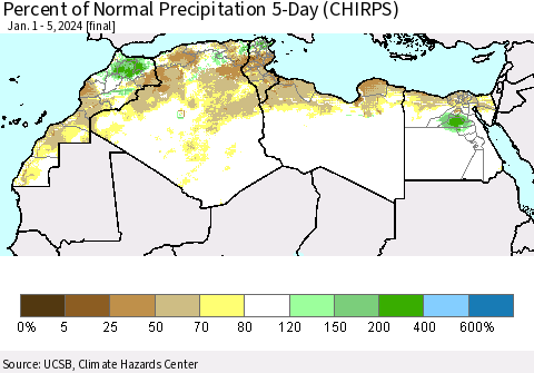 North Africa Percent of Normal Precipitation 5-Day (CHIRPS) Thematic Map For 1/1/2024 - 1/5/2024