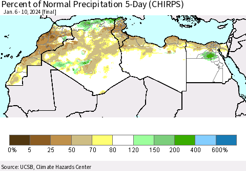 North Africa Percent of Normal Precipitation 5-Day (CHIRPS) Thematic Map For 1/6/2024 - 1/10/2024