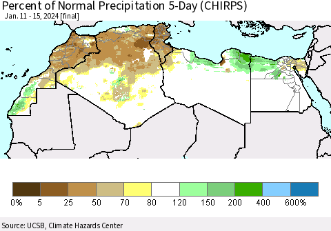 North Africa Percent of Normal Precipitation 5-Day (CHIRPS) Thematic Map For 1/11/2024 - 1/15/2024