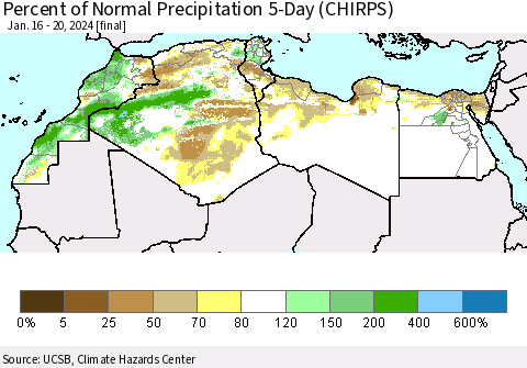 North Africa Percent of Normal Precipitation 5-Day (CHIRPS) Thematic Map For 1/16/2024 - 1/20/2024