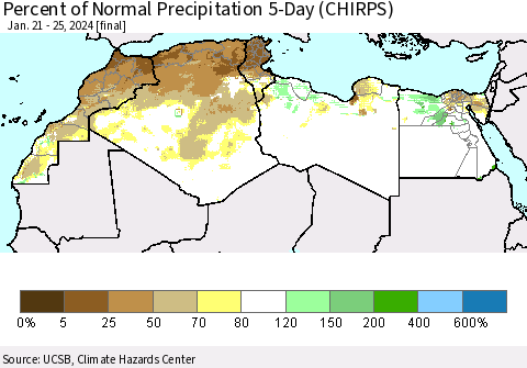 North Africa Percent of Normal Precipitation 5-Day (CHIRPS) Thematic Map For 1/21/2024 - 1/25/2024