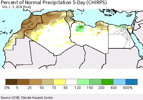 North Africa Percent of Normal Precipitation 5-Day (CHIRPS) Thematic Map For 2/1/2024 - 2/5/2024