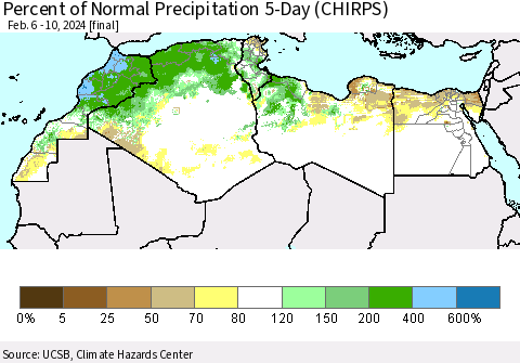 North Africa Percent of Normal Precipitation 5-Day (CHIRPS) Thematic Map For 2/6/2024 - 2/10/2024