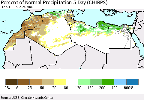 North Africa Percent of Normal Precipitation 5-Day (CHIRPS) Thematic Map For 2/11/2024 - 2/15/2024