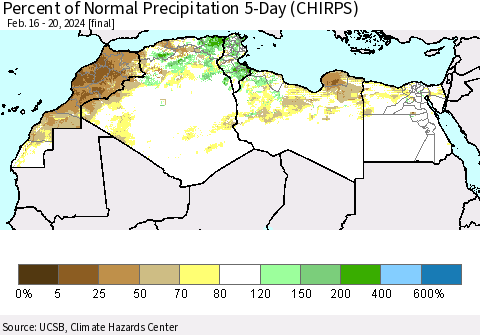 North Africa Percent of Normal Precipitation 5-Day (CHIRPS) Thematic Map For 2/16/2024 - 2/20/2024