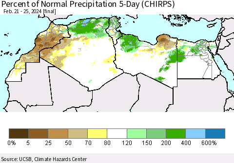 North Africa Percent of Normal Precipitation 5-Day (CHIRPS) Thematic Map For 2/21/2024 - 2/25/2024