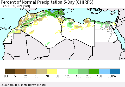 North Africa Percent of Normal Precipitation 5-Day (CHIRPS) Thematic Map For 2/26/2024 - 2/29/2024