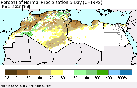 North Africa Percent of Normal Precipitation 5-Day (CHIRPS) Thematic Map For 3/1/2024 - 3/5/2024