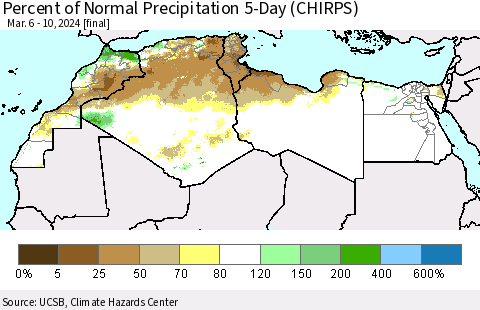 North Africa Percent of Normal Precipitation 5-Day (CHIRPS) Thematic Map For 3/6/2024 - 3/10/2024