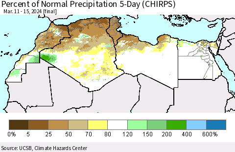 North Africa Percent of Normal Precipitation 5-Day (CHIRPS) Thematic Map For 3/11/2024 - 3/15/2024