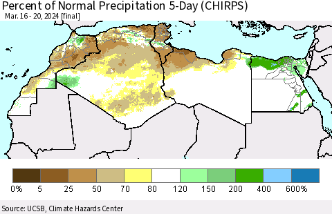 North Africa Percent of Normal Precipitation 5-Day (CHIRPS) Thematic Map For 3/16/2024 - 3/20/2024