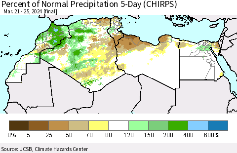 North Africa Percent of Normal Precipitation 5-Day (CHIRPS) Thematic Map For 3/21/2024 - 3/25/2024