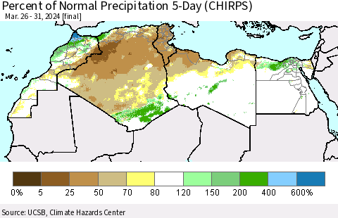 North Africa Percent of Normal Precipitation 5-Day (CHIRPS) Thematic Map For 3/26/2024 - 3/31/2024