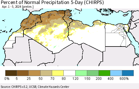 North Africa Percent of Normal Precipitation 5-Day (CHIRPS) Thematic Map For 4/1/2024 - 4/5/2024