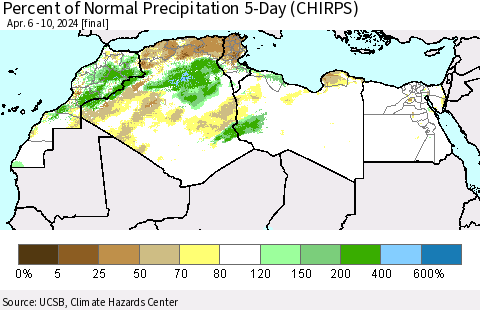 North Africa Percent of Normal Precipitation 5-Day (CHIRPS) Thematic Map For 4/6/2024 - 4/10/2024