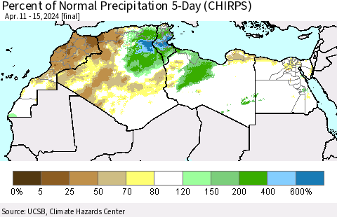 North Africa Percent of Normal Precipitation 5-Day (CHIRPS) Thematic Map For 4/11/2024 - 4/15/2024