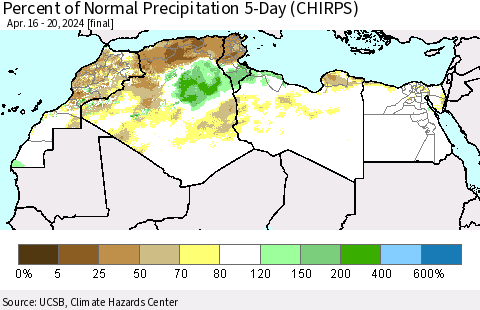 North Africa Percent of Normal Precipitation 5-Day (CHIRPS) Thematic Map For 4/16/2024 - 4/20/2024