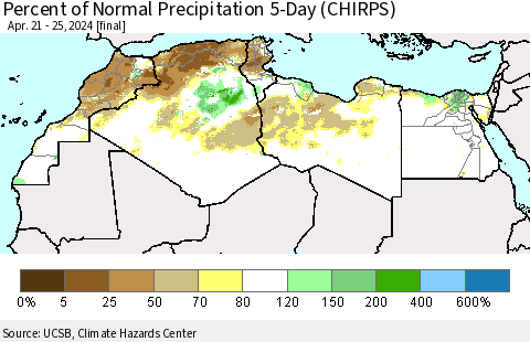 North Africa Percent of Normal Precipitation 5-Day (CHIRPS) Thematic Map For 4/21/2024 - 4/25/2024