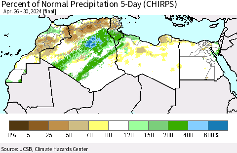 North Africa Percent of Normal Precipitation 5-Day (CHIRPS) Thematic Map For 4/26/2024 - 4/30/2024