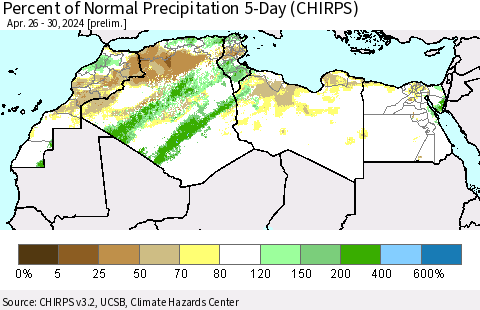 North Africa Percent of Normal Precipitation 5-Day (CHIRPS) Thematic Map For 4/26/2024 - 4/30/2024