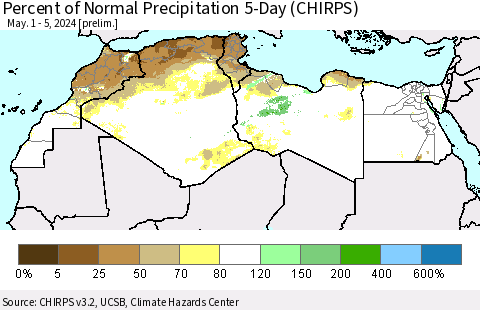 North Africa Percent of Normal Precipitation 5-Day (CHIRPS) Thematic Map For 5/1/2024 - 5/5/2024