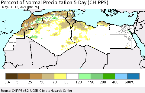 North Africa Percent of Normal Precipitation 5-Day (CHIRPS) Thematic Map For 5/11/2024 - 5/15/2024