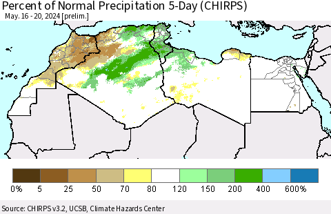 North Africa Percent of Normal Precipitation 5-Day (CHIRPS) Thematic Map For 5/16/2024 - 5/20/2024