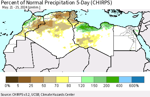 North Africa Percent of Normal Precipitation 5-Day (CHIRPS) Thematic Map For 5/21/2024 - 5/25/2024