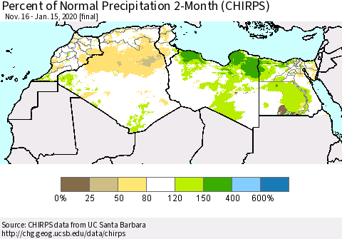 North Africa Percent of Normal Precipitation 2-Month (CHIRPS) Thematic Map For 11/16/2019 - 1/15/2020