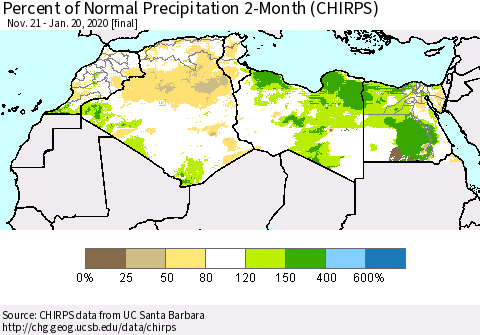 North Africa Percent of Normal Precipitation 2-Month (CHIRPS) Thematic Map For 11/21/2019 - 1/20/2020